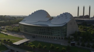 DX0001_001143 - 5.7K stock footage aerial video orbit a concert hall in Downtown Kansas City, Missouri