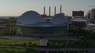 DX0001_001144 - 5.7K aerial stock footage of orbiting a concert hall in Downtown Kansas City, Missouri