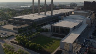DX0001_001146 - 5.7K aerial stock footage of a reverse view of the convention center in Downtown Kansas City, Missouri