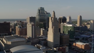 DX0001_001152 - 5.7K aerial stock footage of a stationary view of tall skyscrapers in Downtown Kansas City, Missouri