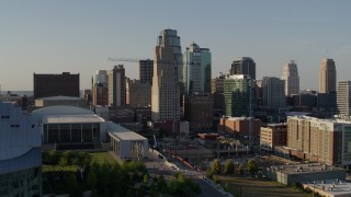 DX0001_001156 - 5.7K aerial stock footage flying by skyscrapers in Downtown Kansas City, Missouri