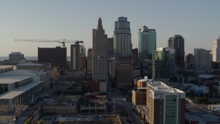 DX0001_001157 - 5.7K aerial stock footage of approaching city skyscrapers in Downtown Kansas City, Missouri