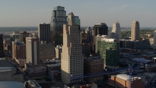 DX0001_001159 - 5.7K aerial stock footage of passing city skyscrapers in Downtown Kansas City, Missouri