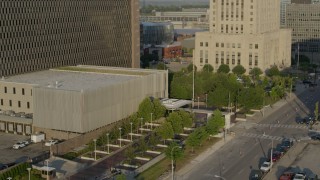 DX0001_001234 - 5.7K aerial stock footage 12th street and government office building at sunrise, Downtown Kansas City, Missouri