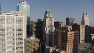 DX0001_001276 - 5.7K aerial stock footage of downtown skyscrapers at sunrise, Downtown Kansas City, Missouri