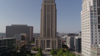 DX0001_001292 - 5.7K aerial stock footage flying away from city hall and high-rise in Downtown Kansas City, Missouri