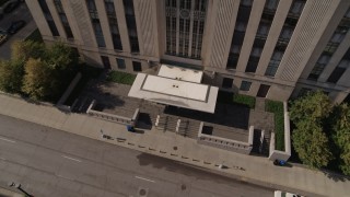 DX0001_001294 - 5.7K aerial stock footage bird's eye view of city hall entrance in Downtown Kansas City, Missouri