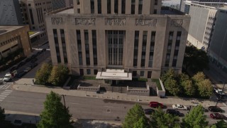 DX0001_001295 - 5.7K aerial stock footage of the city hall entrance in Downtown Kansas City, Missouri