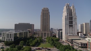 DX0001_001300 - 5.7K aerial stock footage fly over park fountain to approach city hall in Downtown Kansas City, Missouri