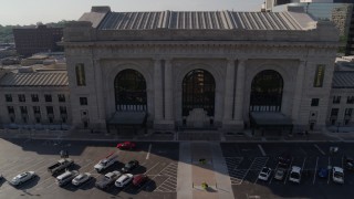 DX0001_001311 - 5.7K aerial stock footage reverse and static view of historic train station in Kansas City, Missouri