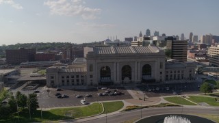 DX0001_001315 - 5.7K aerial stock footage pan across historic train station and descend in Kansas City, Missouri