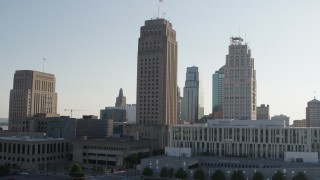 DX0001_001331 - 5.7K aerial stock footage of approaching city hall in Downtown Kansas City, Missouri