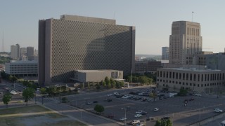 DX0001_001335 - 5.7K aerial stock footage fly to entrance of government office building in Downtown Kansas City, Missouri