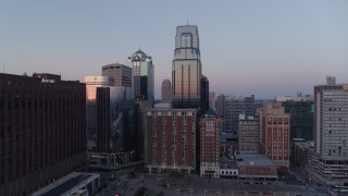 DX0001_001372 - 5.7K aerial stock footage orbit skyscrapers at twilight in Downtown Kansas City, Missouri