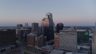 DX0001_001373 - 5.7K aerial stock footage flyby skyscrapers at twilight in Downtown Kansas City, Missouri