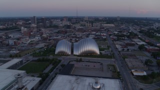 DX0001_001377 - 5.7K aerial stock footage approach the concert hall at twilight in Downtown Kansas City, Missouri