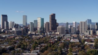 DX0001_001453 - 5.7K aerial stock footage of a view of skyscrapers in skyline of Downtown Denver, Colorado