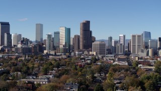 DX0001_001461 - 5.7K aerial stock footage of skyscrapers in Downtown Denver skyline, Colorado, seen during slow descent