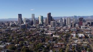 DX0001_001464 - 5.7K aerial stock footage of a slow flyby of skyscrapers in Downtown Denver skyline, Colorado