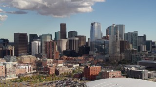 DX0001_001526 - 5.7K stock footage aerial video of passing towering skyscrapers of the city skyline in Downtown Denver, Colorado