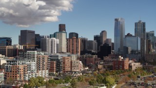 DX0001_001529 - 5.7K stock footage aerial video of towering skyscrapers of the city skyline, Downtown Denver, Colorado