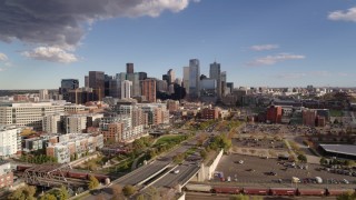 DX0001_001537 - 5.7K aerial stock footage of the city skyline in the distance, Downtown Denver, Colorado