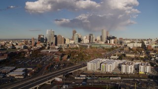 DX0001_001548 - 5.7K aerial stock footage of approaching W Colfax Avenue and the city skyline, Downtown Denver, Colorado