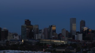DX0001_001592 - 5.7K aerial stock footage of the city's downtown skyscrapers by the convention center at twilight, Downtown Denver, Colorado