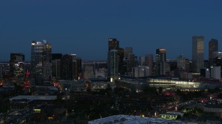 DX0001_001596 - 5.7K aerial stock footage flyby the city's skyscrapers and convention center at twilight, Downtown Denver, Colorado