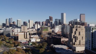 DX0001_001674 - 5.7K stock footage aerial video ascend from park to approach the city's skyline, Downtown Denver, Colorado
