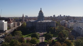 DX0001_001679 - 5.7K aerial stock footage of a reverse view of the Colorado State Capitol building in Downtown Denver, Colorado