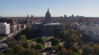 DX0001_001682 - 5.7K aerial stock footage fly away from the Colorado State Capitol, Downtown Denver, Colorado