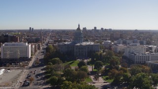 DX0001_001685 - 5.7K aerial stock footage of flying by the Colorado State Capitol, Downtown Denver, Colorado