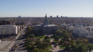 DX0001_001686 - 5.7K aerial stock footage of passing by the Colorado State Capitol, Downtown Denver, Colorado