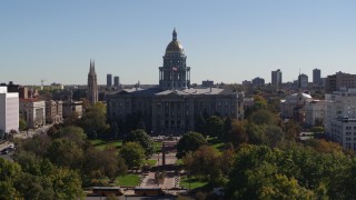 DX0001_001704 - 5.7K aerial stock footage of passing by the Colorado State Capitol, Downtown Denver, Colorado