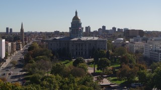 DX0001_001707 - 5.7K aerial stock footage flyby the Colorado State Capitol during descent, Downtown Denver, Colorado