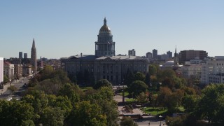 DX0001_001710 - 5.7K aerial stock footage flyby the Colorado State Capitol during slight ascent, Downtown Denver, Colorado