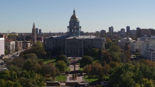DX0001_001711 - 5.7K aerial stock footage of the Colorado State Capitol during descent to stationary view, Downtown Denver, Colorado