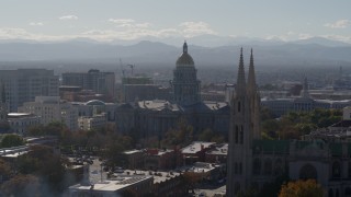 DX0001_001758 - 5.7K aerial stock footage of the Colorado State Capitol seen while flying cathedral, Downtown Denver, Colorado