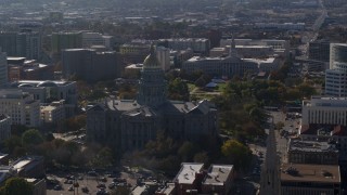 DX0001_001760 - 5.7K aerial stock footage of a stationary view of the Colorado State Capitol and Denver City Council building, Downtown Denver, Colorado