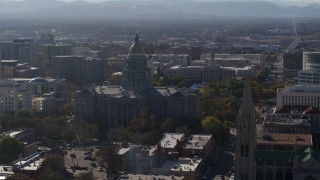 DX0001_001761 - 5.7K aerial stock footage of the Colorado State Capitol and Denver City Council during descent, Downtown Denver, Colorado