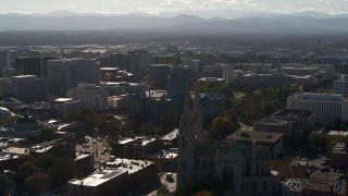 DX0001_001777 - 5.7K aerial stock footage of Colorado State Capitol, Denver City Council and cathedral in Downtown Denver, Colorado