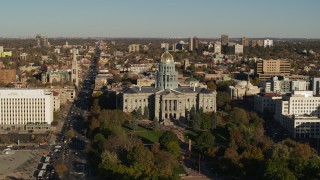 DX0001_001789 - 5.7K aerial stock footage flyby the Colorado State Capitol and tree-lined park, hover for stationary view in Downtown Denver, Colorado