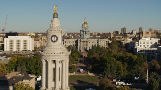DX0001_001796 - 5.7K aerial stock footage flyby the Colorado State Capitol, reveal clock tower in Downtown Denver, Colorado