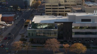 DX0001_001797 - 5.7K aerial stock footage of a police crime lab in Downtown Denver, Colorado
