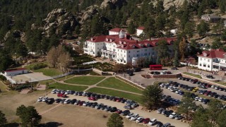 DX0001_001959 - 5.7K aerial stock footage of a view of the historic Stanley Hotel in Estes Park, Colorado