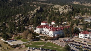 DX0001_001964 - 5.7K aerial stock footage of the historic Stanley Hotel in Estes Park, Colorado