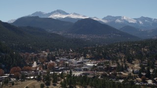 DX0001_001971 - 5.7K aerial stock footage of the Rocky Mountains and the town of Estes Park, Colorado while ascending