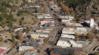 DX0001_001986 - 5.7K aerial stock footage of flying by shops lining the road through Estes Park, Colorado