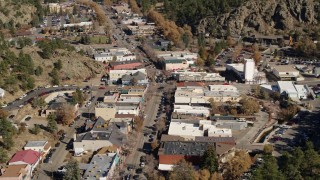 DX0001_001991 - 5.7K aerial stock footage stationary view of shops on road through Estes Park, Colorado
